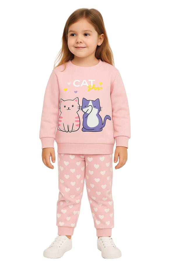 Pink Cat Print Sweatshirt & Heart Jogger Set for Girls
