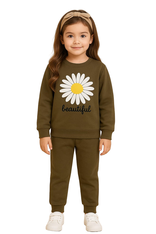 Beautiful Daisy Print Olive Green Toddler Sweatshirt & Jogger Set