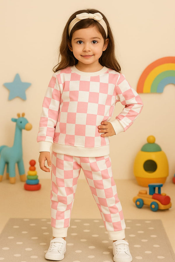 Cozy Checkered Loungewear Set for Kids - Pink & White Retro Racing Style