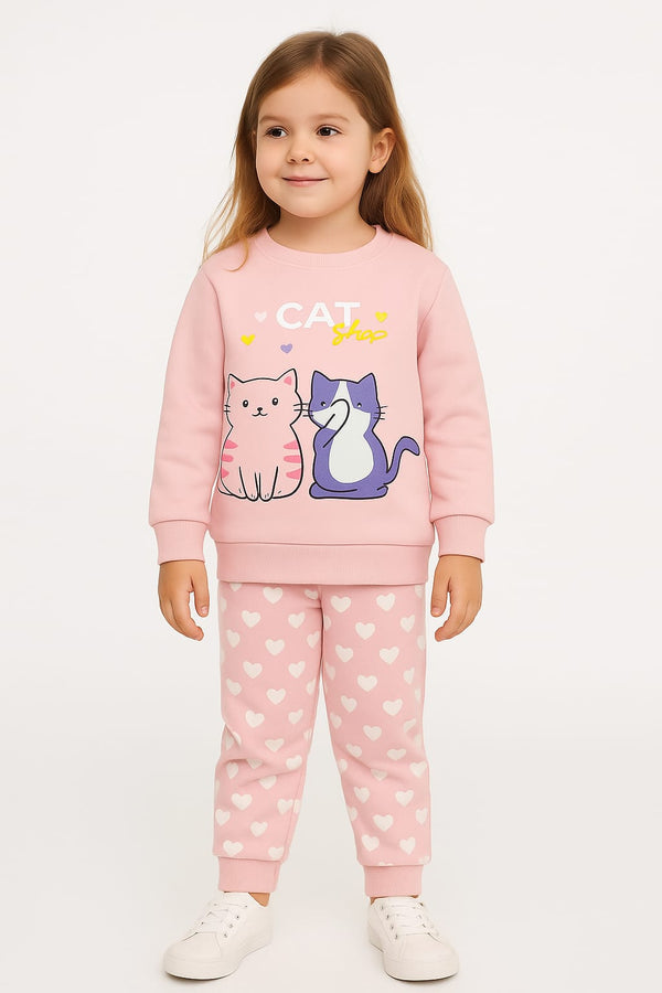 Pink Cat Print Sweatshirt & Heart Jogger Set for Girls